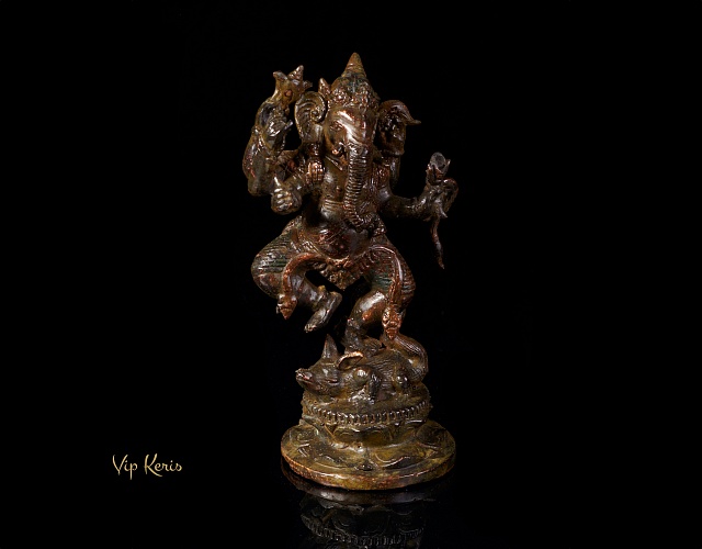 Старинная алтарная статуя Ганеша в танце на вахане крысе, 20см фото VipKeris