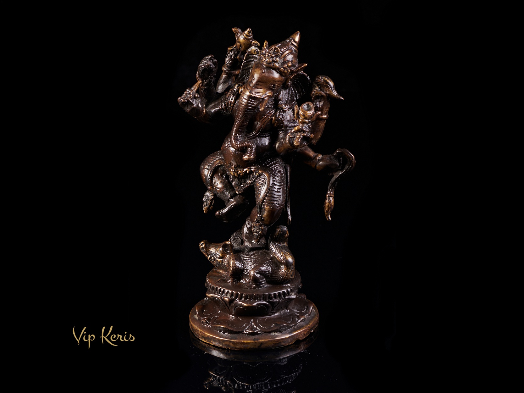 Старинная алтарная статуя Ганеша в танце на вахане крысе, 20см фото VipKeris